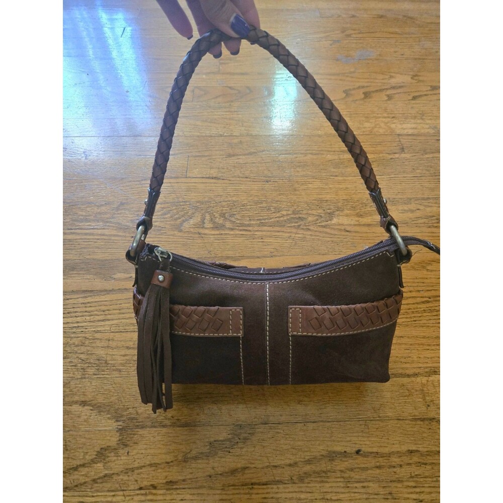 Vtg Y2K Fossil Brown Suede Leather Braided Handle Small Shoulder Bag